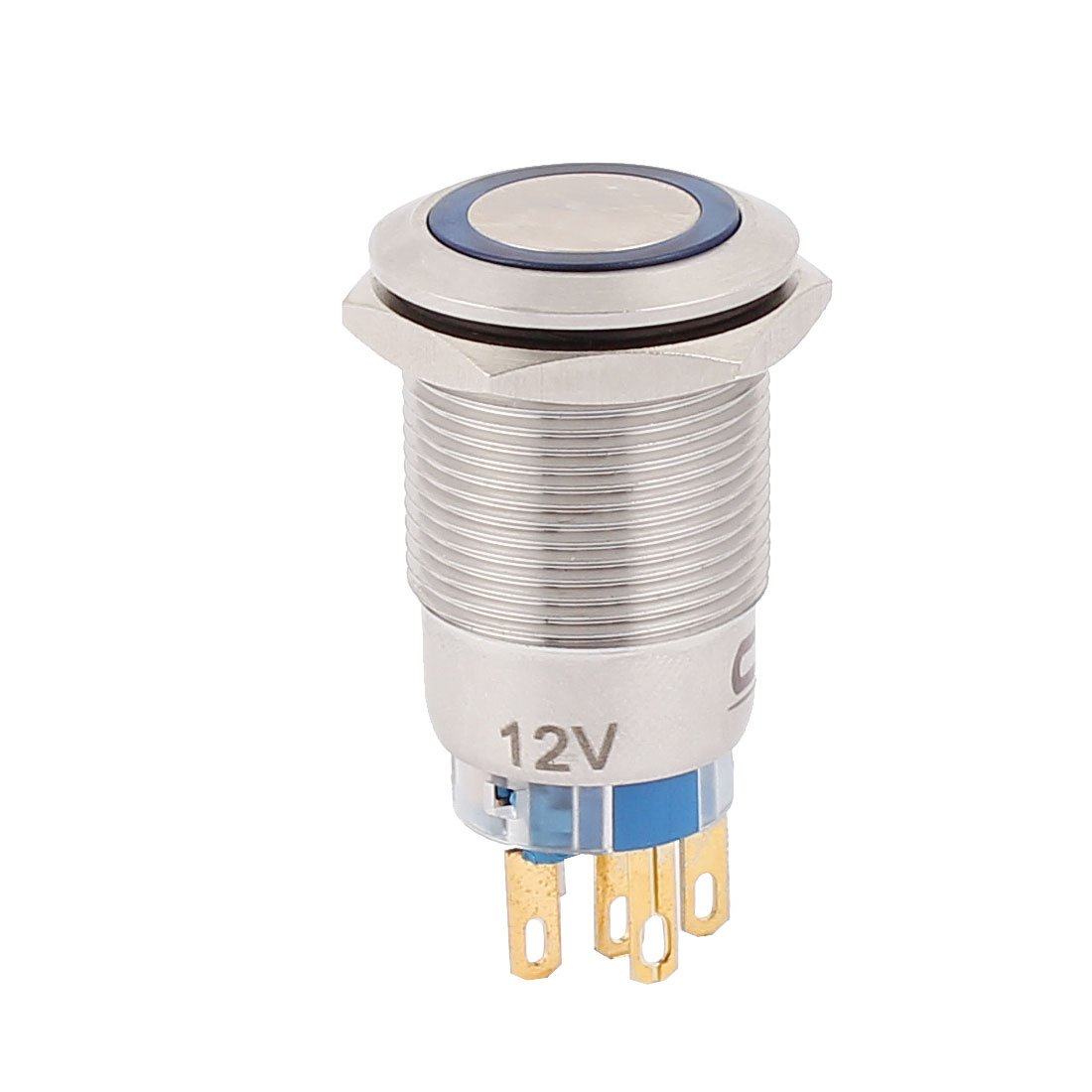 Interruptores de 12V CC, luz LED azul, 19mm, NO/NC, interruptor de botón con cierre de cabeza plana