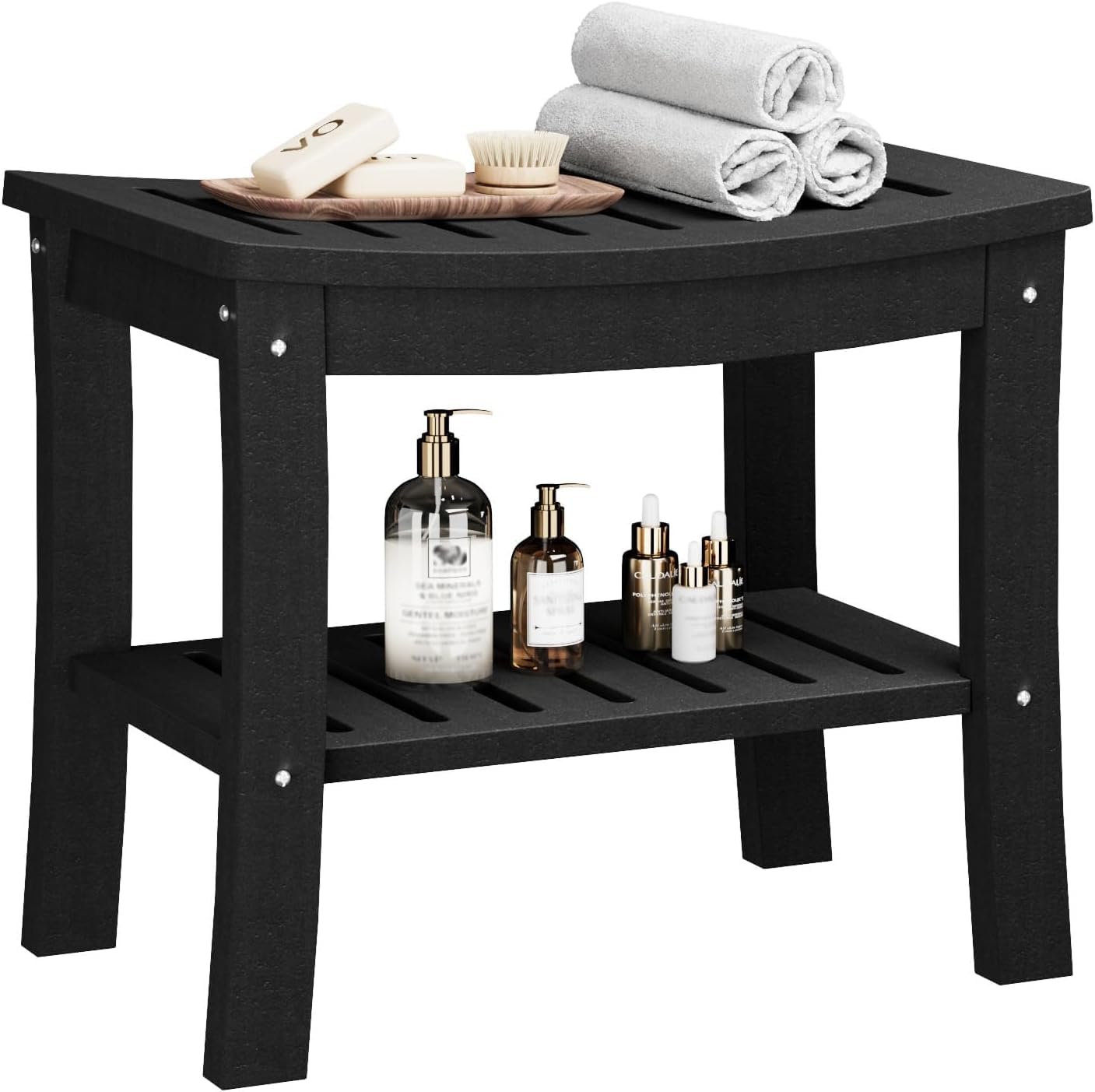 Tabouret de Douche HDPE avec Étagère, Siège Antidérapant, Noir