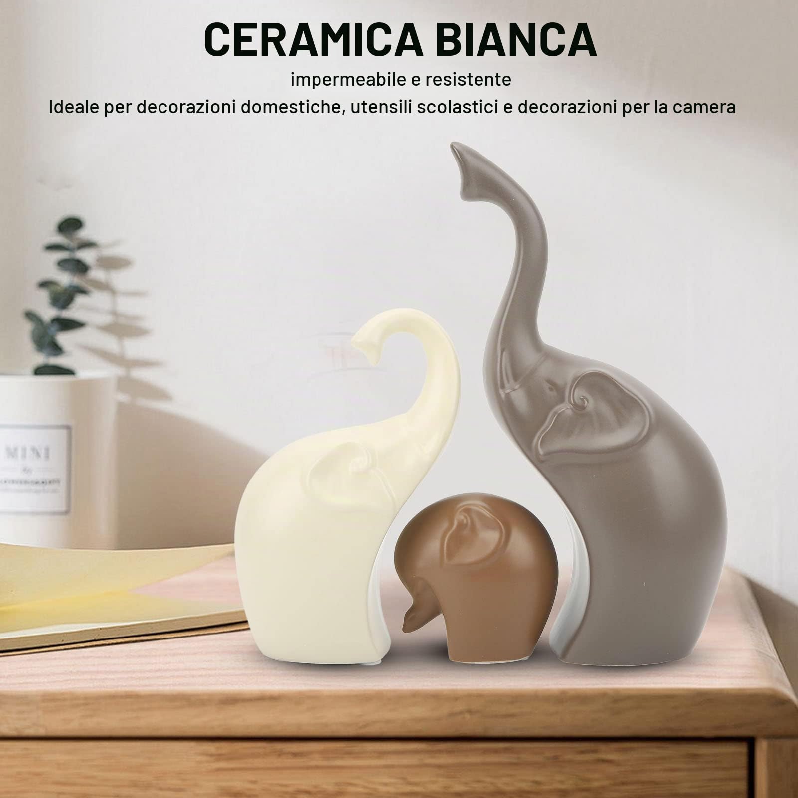 Sculture di Elefanti in Ceramica, Coppia di Elefanti Moderni per Ufficio e Libreria