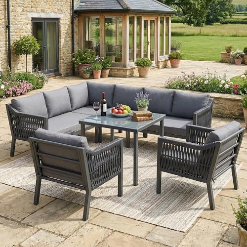 Salon de Jardin Exterieur pour 8 Personnes,canapé d'angle+Table à Manger+2 fauteuils,Position d'angle,Fer galvanisé,Plateau en Verre, Ensemble en Corde...