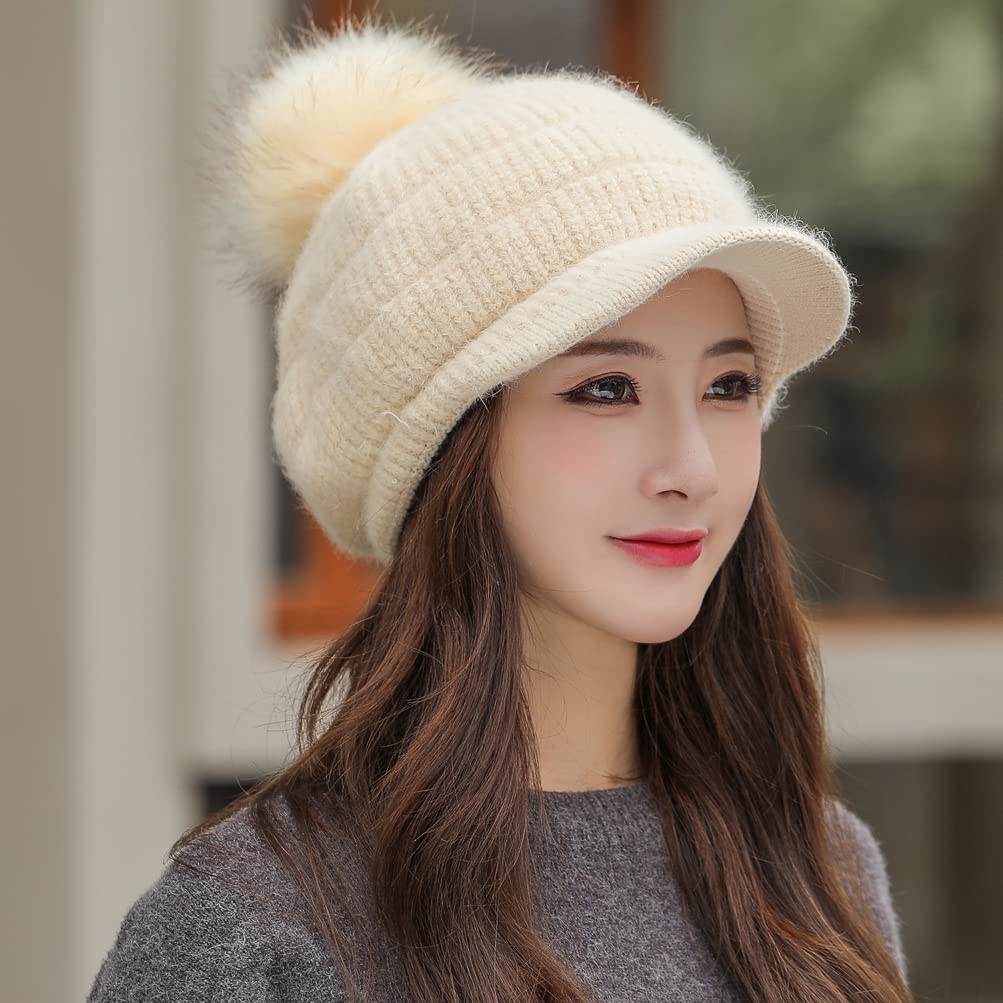 Fleece Lined Beanie Hats with Visor Brim Winter Knit Ski Cap Women Pom Pom Ball (Beige)