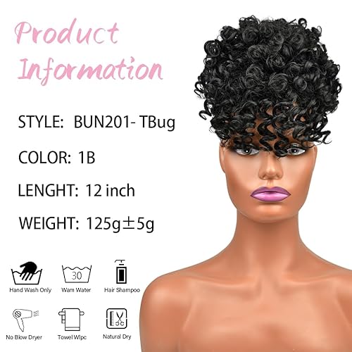 Miniatura 4 de maxknow Cola de caballo afro con cordón y flequillo, pelo corto rizado con moño de piña para mujeres negras (negro natural 1B)