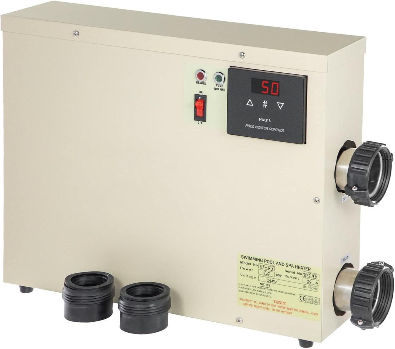 Calentador de Piscina Eléctrico Digital 11KW para Piscina, SPA, Bañera Hidromasaje, con Termostato Ajustable, Pantalla Táctil LCD Inteligente, 220V/240V 50A, Acero Inoxidable 304 y Conexión de 50mm