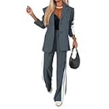 Womens Fall 2 Piece Blazer Set Oversized Jacket Wide Leg Pants Sets Lapel Button Up Blazers Business Casual Outfits Set