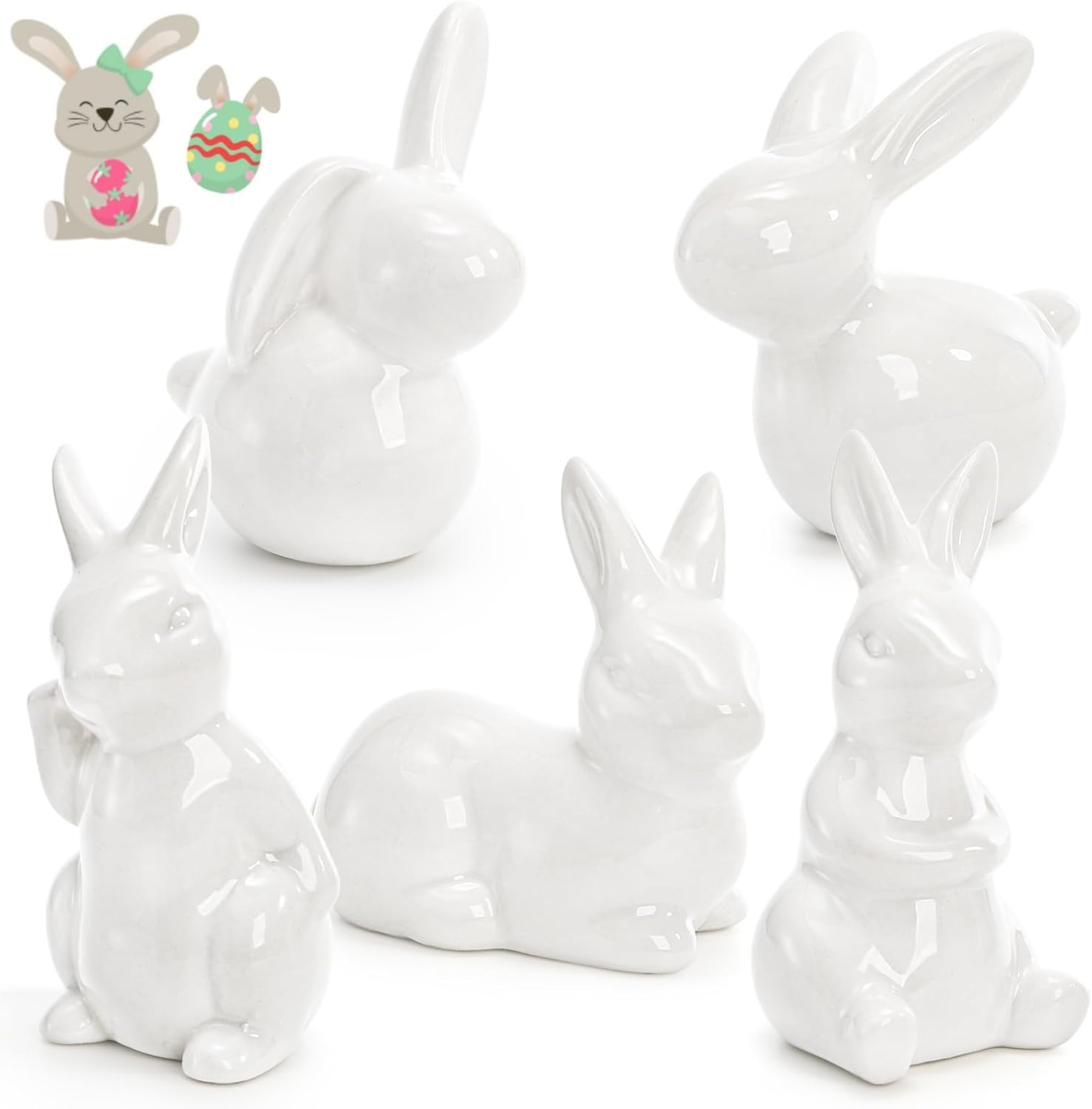 5 Pack Easter Bunny Figurine, White Ceramic Rabbits for Spring Easter Decoration, Modern Art Cute Rabbit Statues for Home Decor, Office Table, Holiday Party