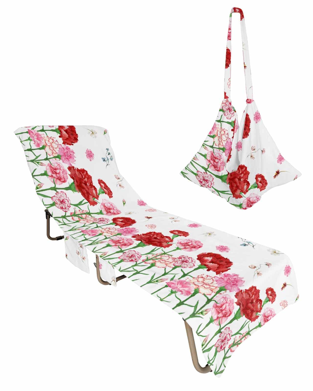 Red Pink Floral Spring Beach Lounge Chair Towel Cover, Soft Chaise Lounge Towel with Side Pockets Patio Pool Chairs Cover for Beach/Pool Sunbathing 29x85 Summer Botanical Pastoral