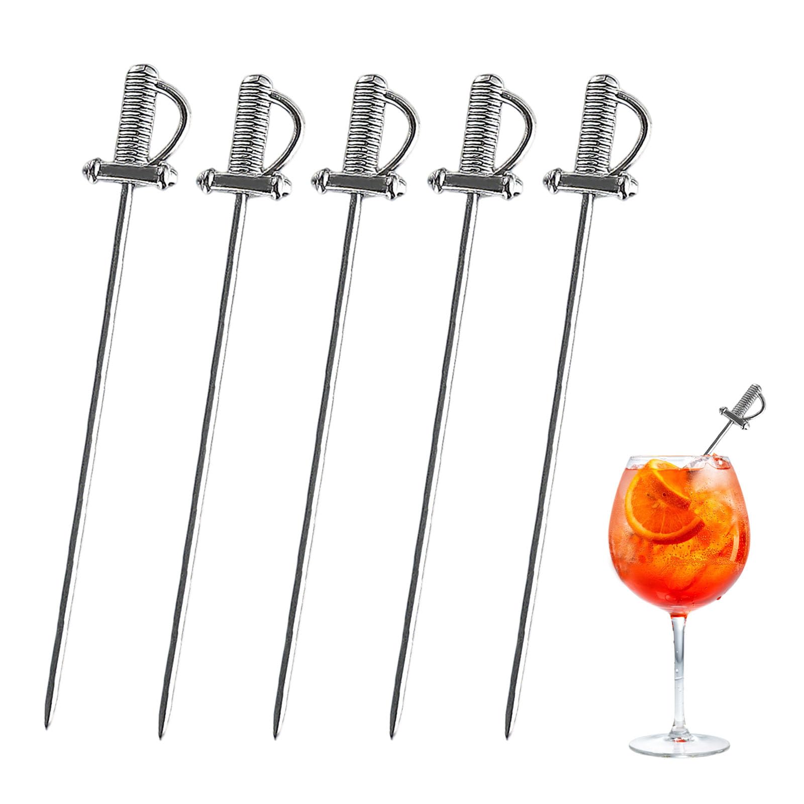 Gipnva 5Pcs Stainless Steel Sword-Shaped Cocktail Sticks, Cute Unique Fruit Skewers for Drinks Cocktails, Parties, Barbecue Snacks, Beverages, Barbecue