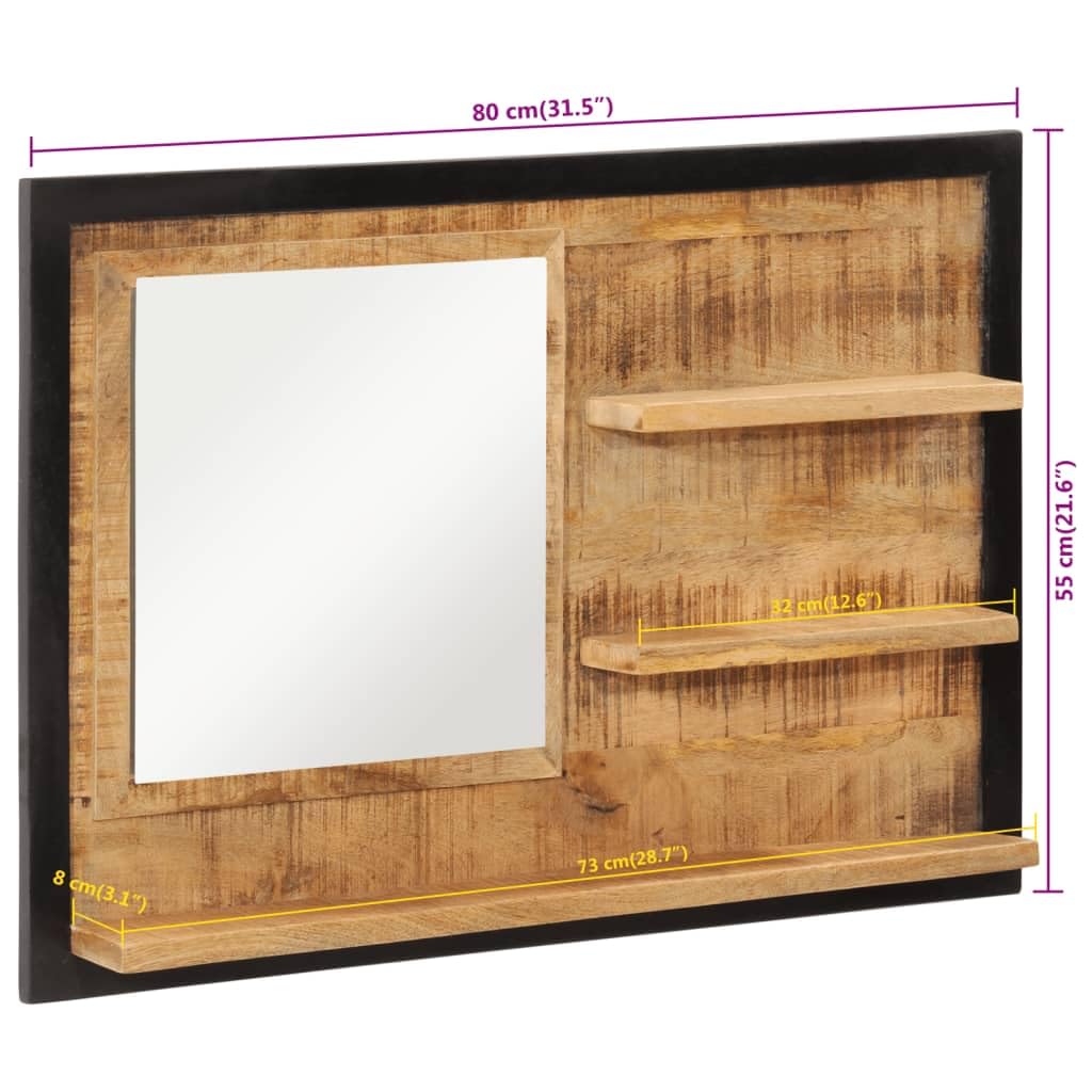Spiegel mit Ablagen aus Glas und massivem Mangoholz 80x8x55 cm Wandspiegel für Badezimmer, Schlafzimmer, Flur und Diele, Stauraum für Kosmetik und Rasur