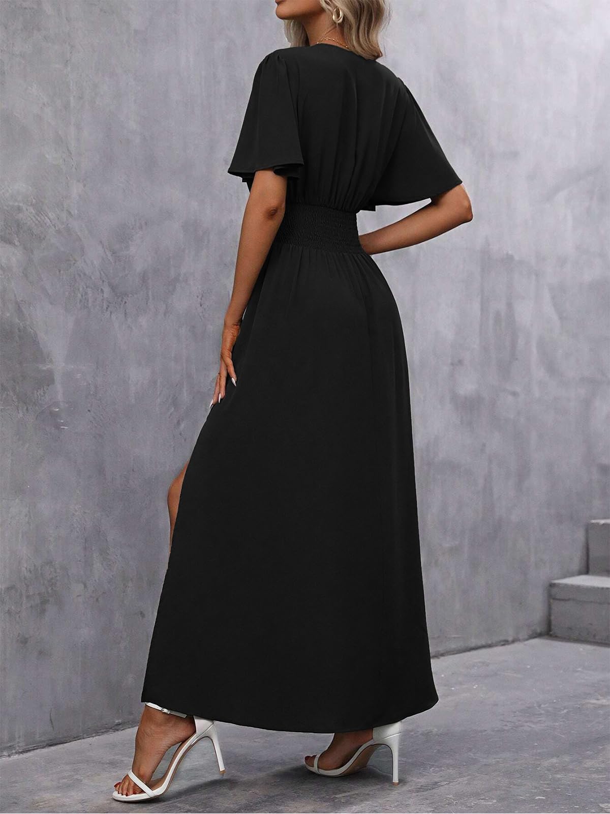 Femme Robe Elegante Col en V Taille Haute Robe Longue d'été Plissée Manches Papillon Fente Latérale Froncée Robes pour Soirée Mariage Fête