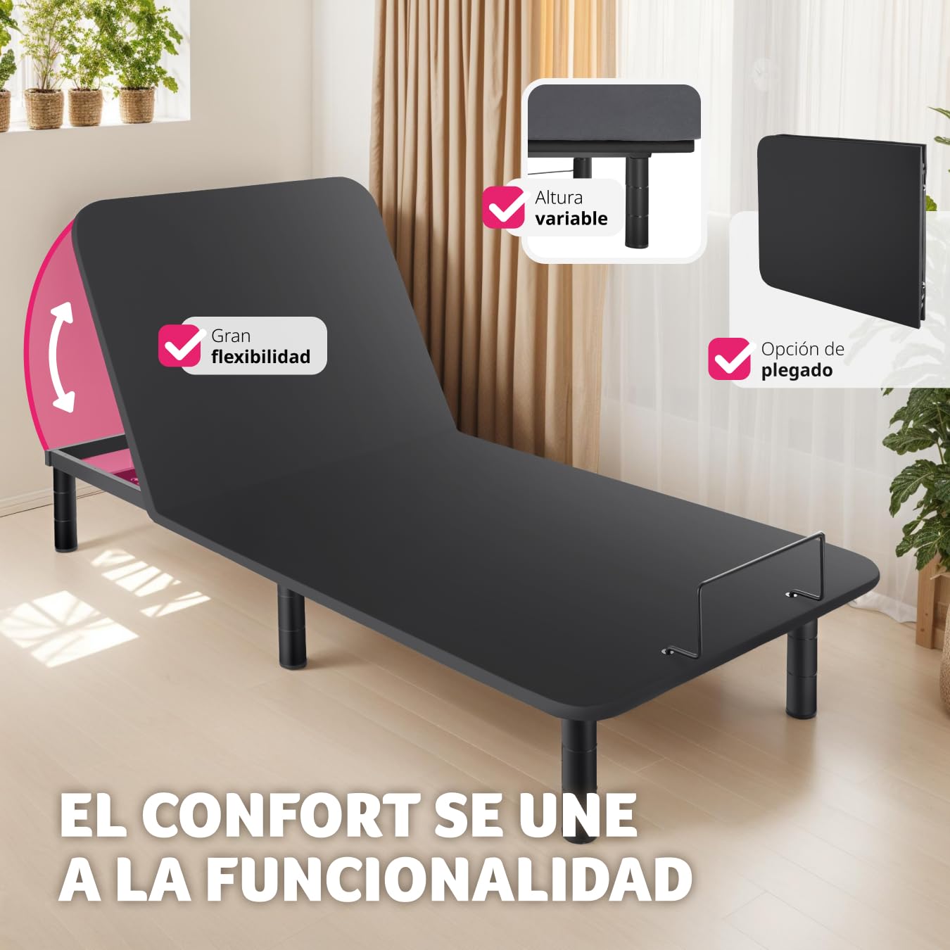tectake® Somier de Láminas Regulable Eléctricamente Respaldo y Reposapiés, Mando a Distancia, Estructura de Acero, 6 Patas Ajustables, Apto para Colchones, Cubierta de Poliéster, Plegable, 90x200cm