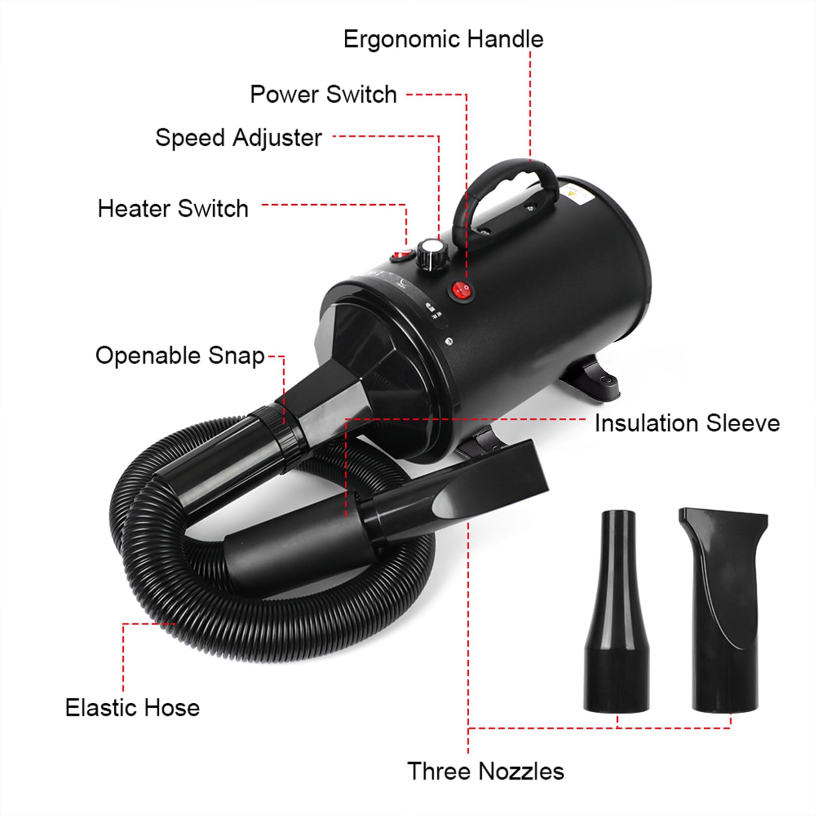 Memows Soffiatore per Cani Asciugacapelli per Cani 2800W Phon Cani velocità e Temperatura Regolabili Meno Rumore Asciuga Cane Toelettatura Animali con 4 Ugelli per Uso Privato e Professionale (Nero)
