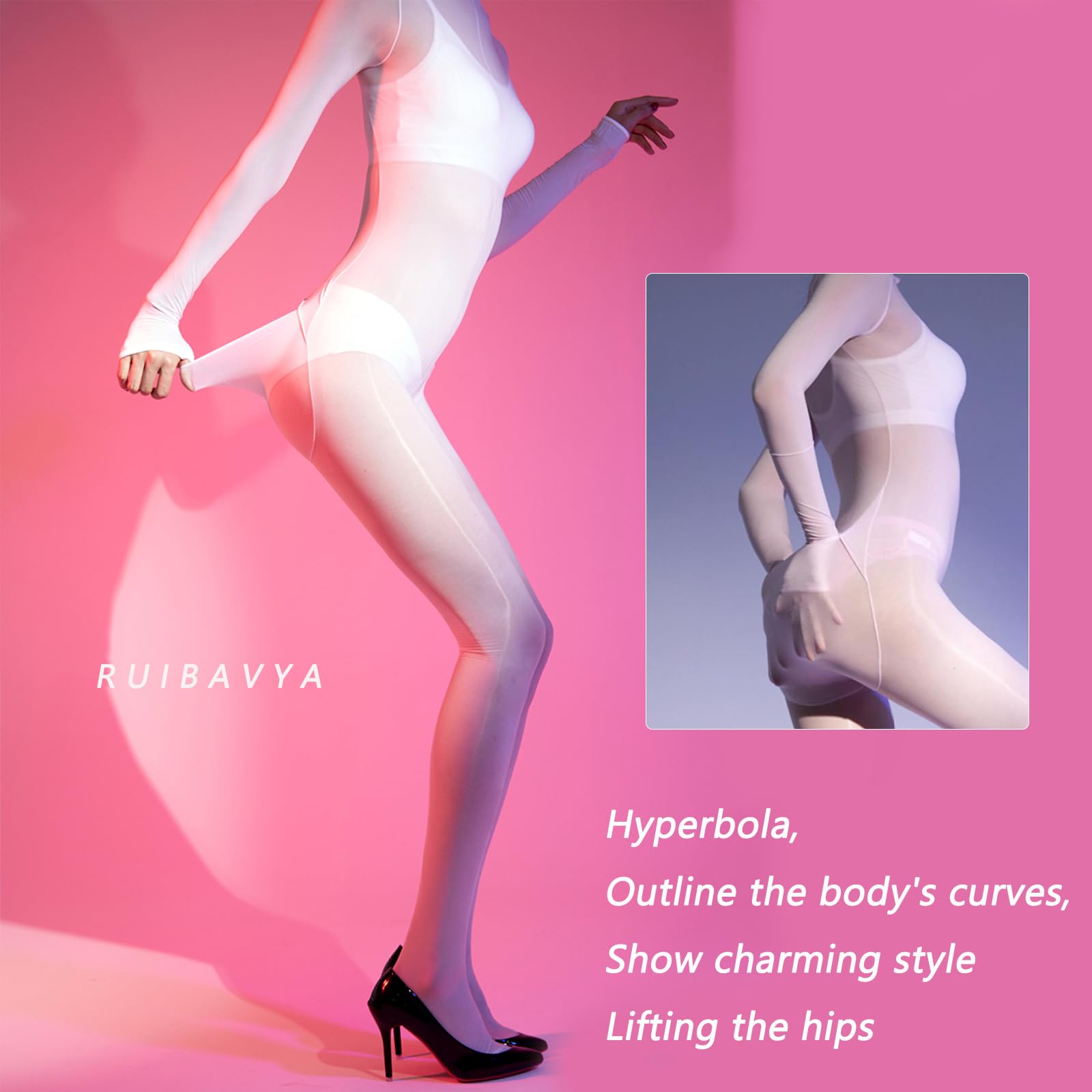 RUIBAVYA Bodystocking Sexy Femme Collant Brillant Huileux Bodystocking Manches Longues Catsuit Nylon Bodysuit Ouvert Entrejambe Collant Shiny