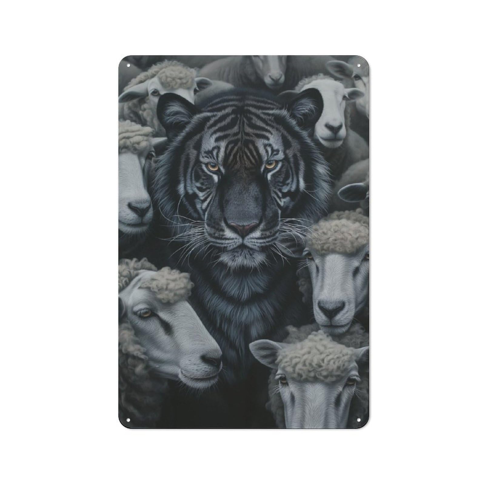Modern Retro Dark Tiger Sheep Creative Metal Wall Art Sign 30x20cm, Studio Wall Art for Modern Home, Workshop, Office Or Cafe