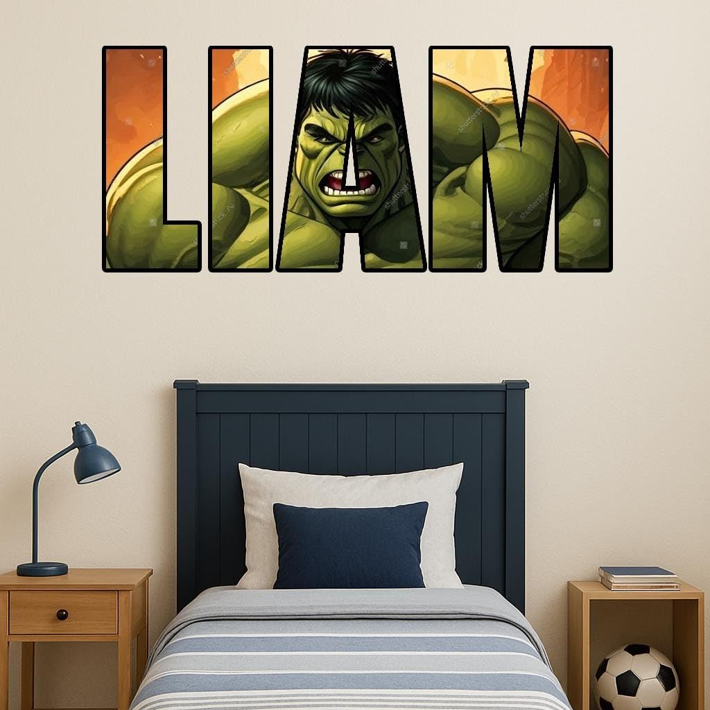 Kids Personalised Name Sticker Hulk Bedroom Wall Decal Super Hero Boys Girls Avengers (Size:Medium - 90cm x 40cm;)