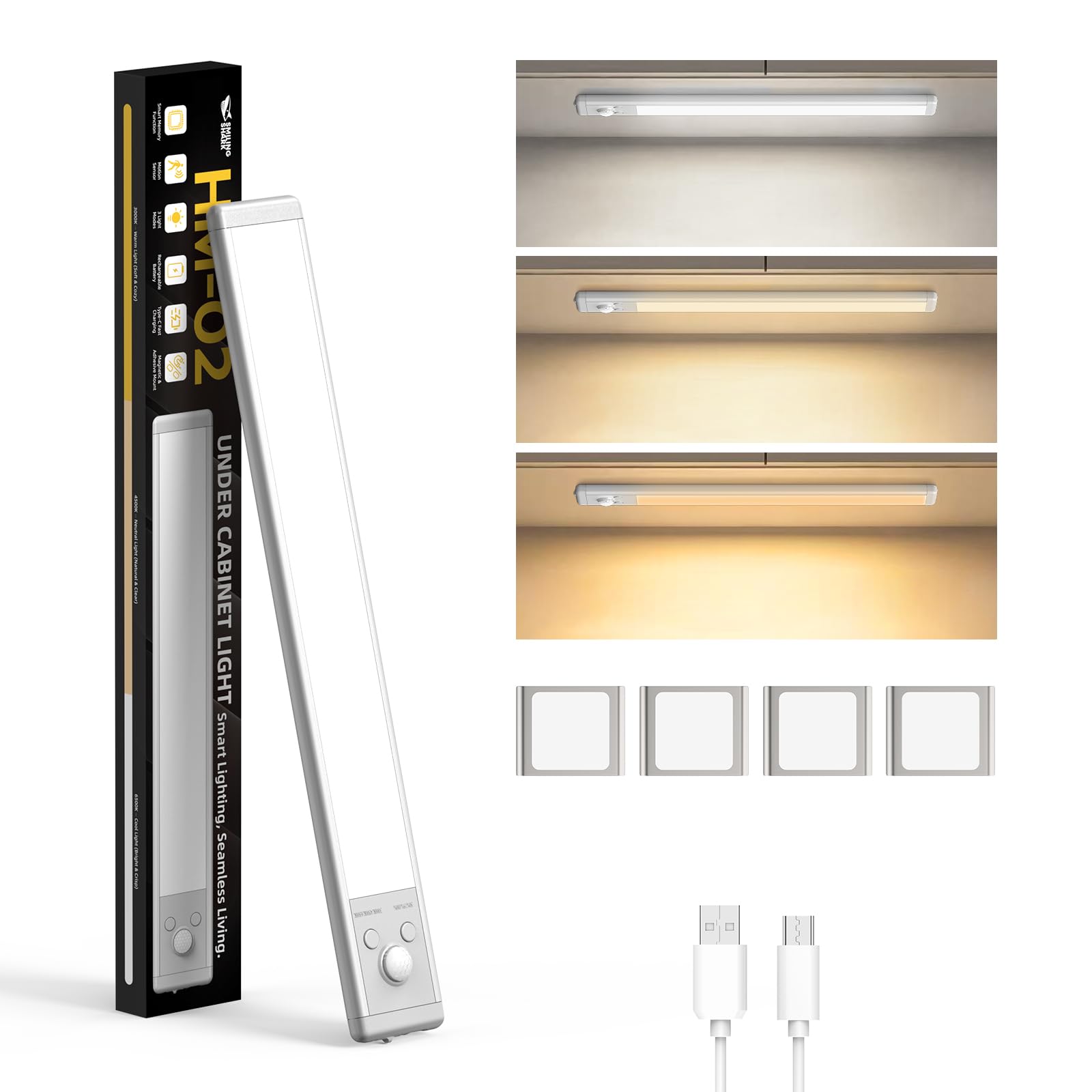 Smiling Shark HM-02 Under Cabinet Light, Long-Lasting Rechargeable Lighting with Motion Sensor Ultra-Thin & Easy Installation Wardrobe Light Warm Neutral & White Light for Kitchen Closet Pantry
