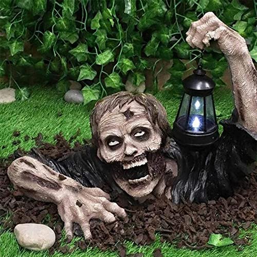 Halloween Zombie Garden Statue with Lights, Horror Resin Sculpture Halloween Mini Ornaments for Lawn Yard Party Prop Decoration (1PCS)