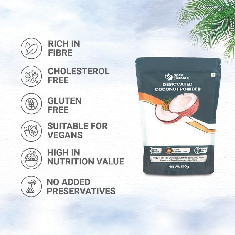 Image of OPEN COCONUT | Organic Desiccated Coconut Powder 500g x 2 | Nariyal Burada | Khopra Bura | Can be used for Baking Healthy Cakes, Cooking, Sweet, & Biscuits | Preservative-Free | Whole Natural Flavour