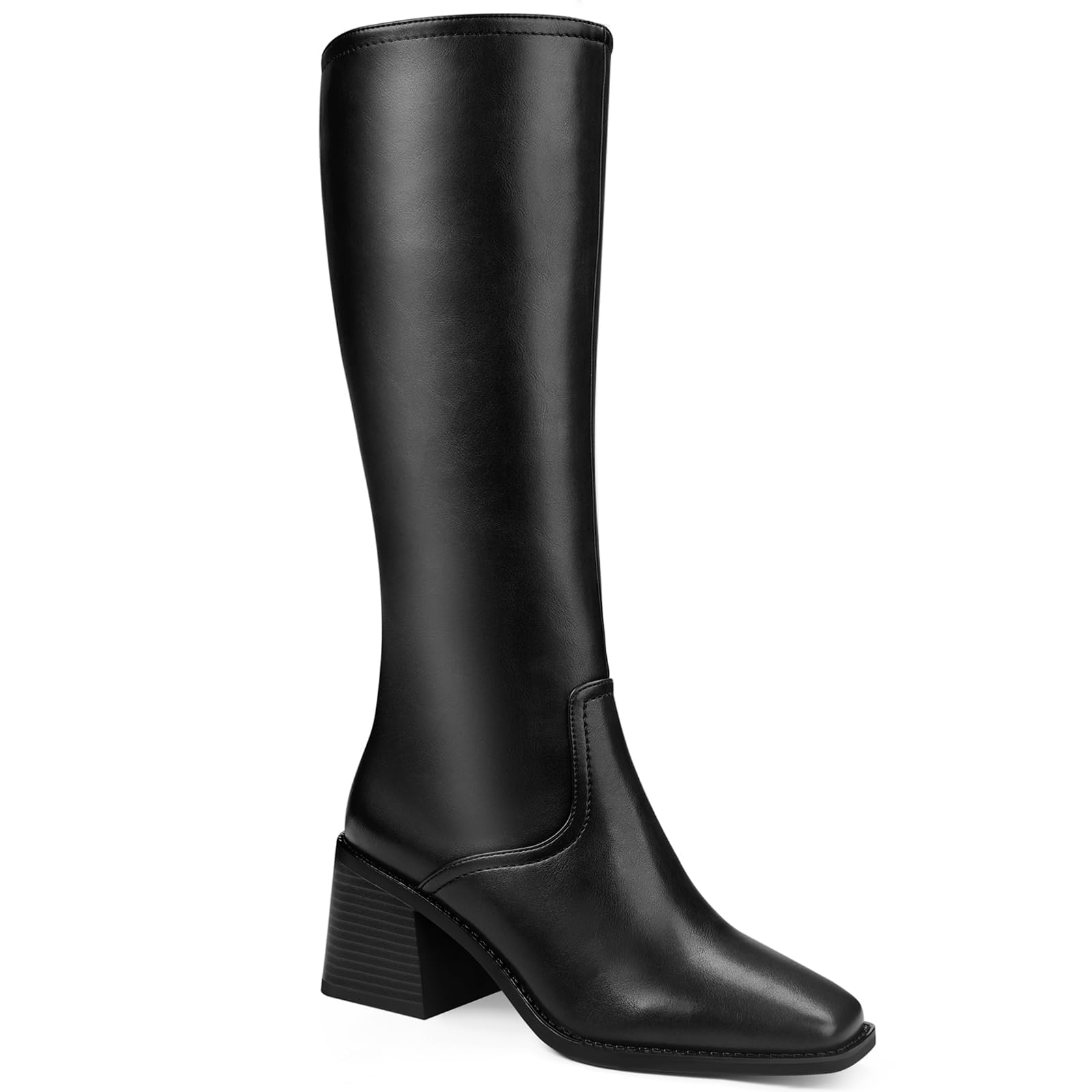 Knee High Boots Women - Long Elastic Faux Leather Boots Tall Square Toe Chunky Block High Heel Shoes with Side Zipper-image-15