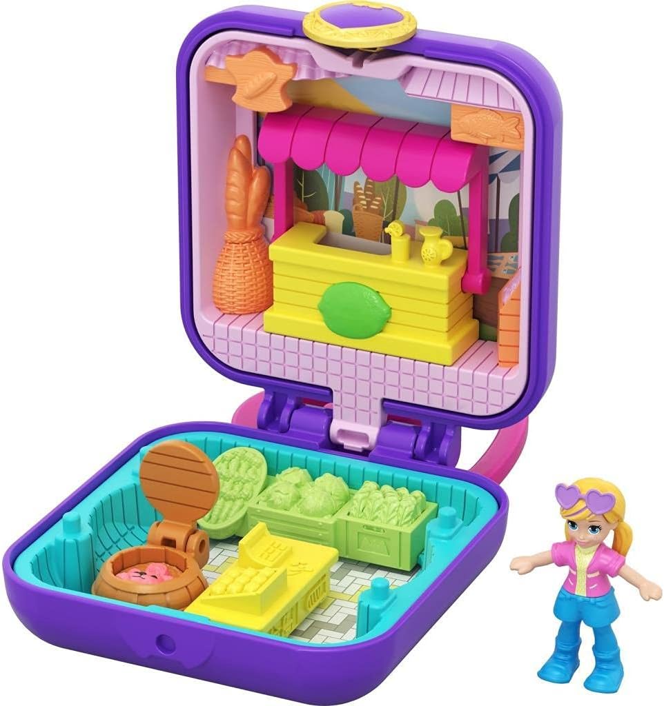 Polly Pocket Tiny Pocket Places Polly Farmer's Market Compact with Removable Lemonade Stand, Photo Customization, Reveals, Micro Polly Doll and Sticker Sheet
