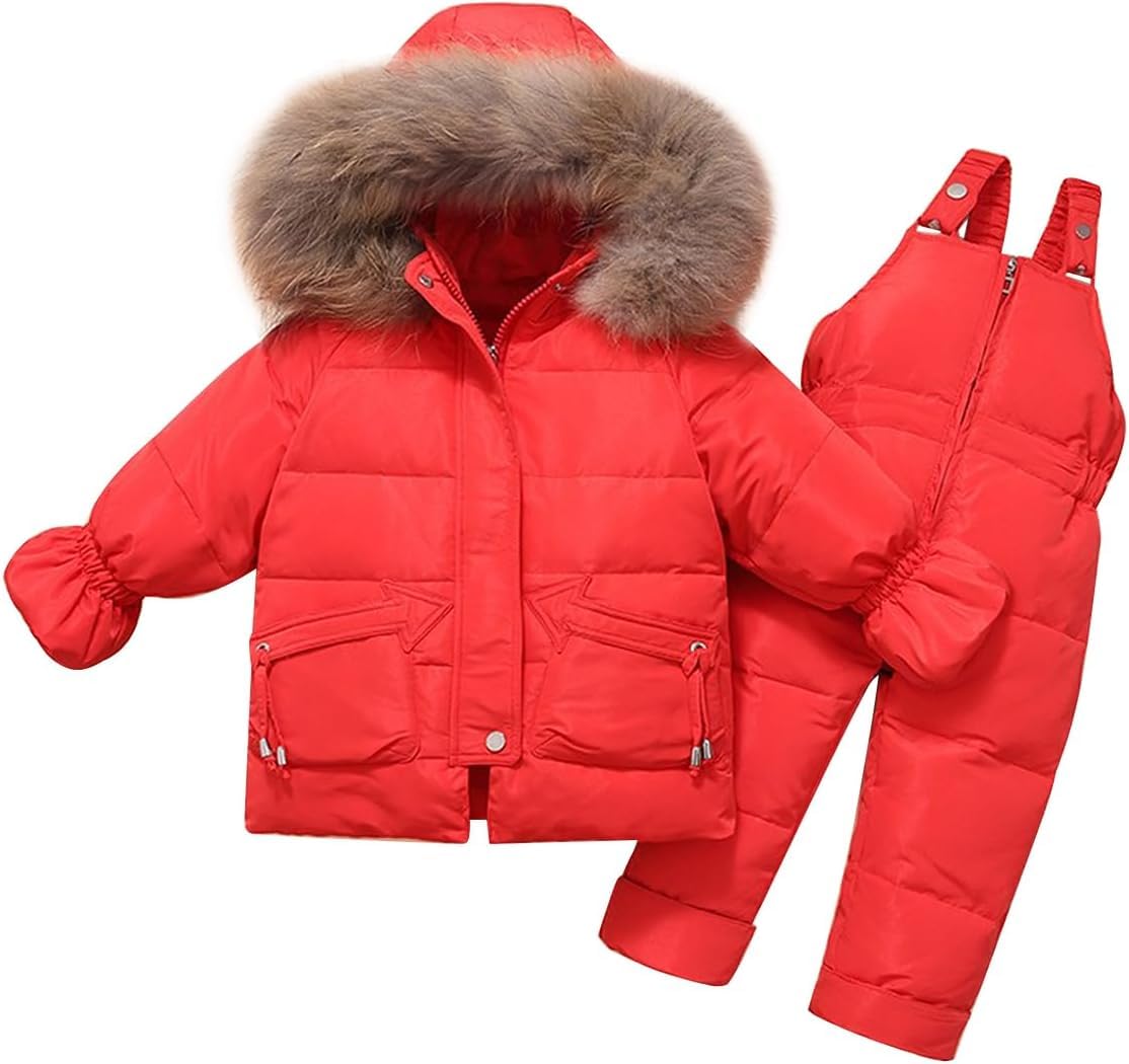 Invierno bebé Engrosada Abajo Chaqueta niños Traje de Nieve con Cuello de Piel con Capucha niñas de Dos Piezas Traje de esquí + Pantalones de esquí Conjunto
