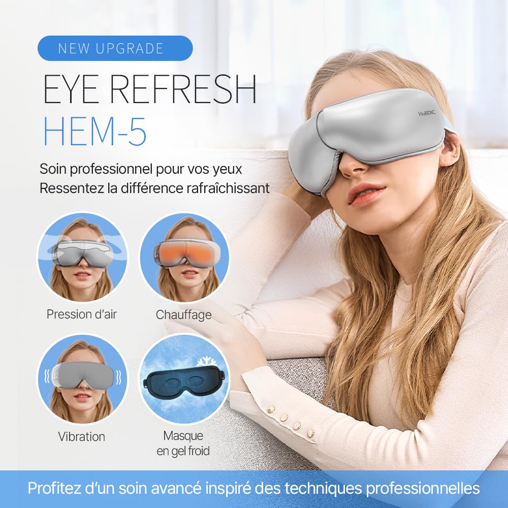 HubiCare Appareil de massage des yeux avec chaleur et refroidissement, massage à pression d'air 3D et vibration, musique Bluetooth, pour les yeux fatigués et les gonflements, pour se détendre avec