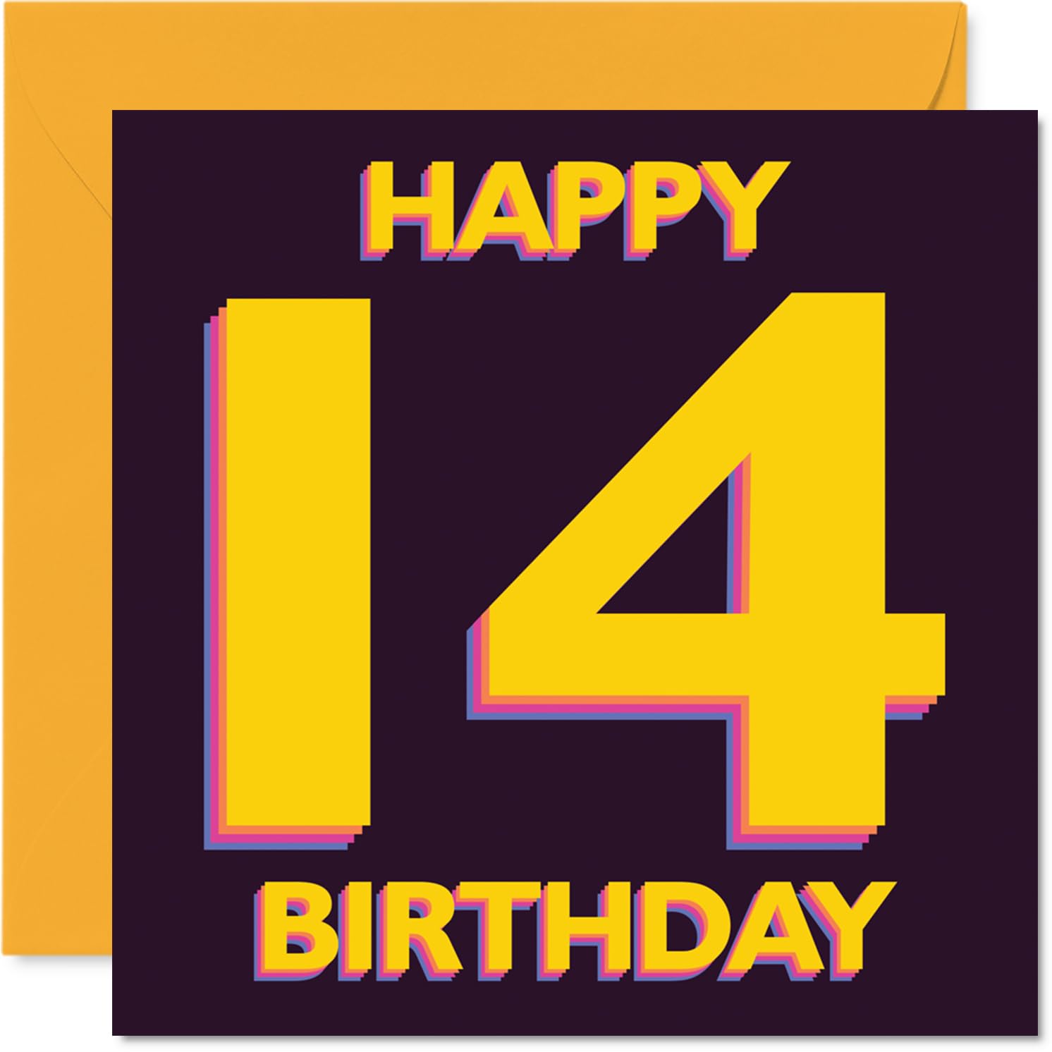 Playful 14th Birthday Card - Bursting with Birthday Cheer - Bold Yellow and Purple Number 14 Design - Adds a Lively Touch to Their Big Day - 145mm Square, Envelope Included