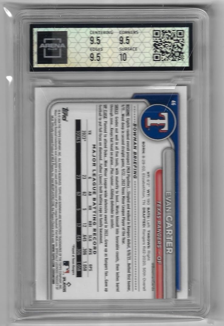 Evan Carter Arena Club Graded Gem Mint 10 Bowman Rookie Card Collectible Baseball Card - 2024 Bowman Baseball Card #46 (Rangers)
