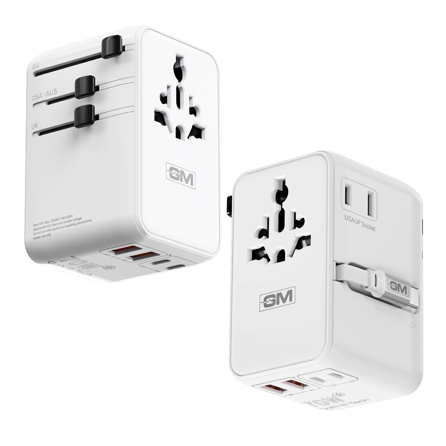 GM G+ 70W TravelEase Pro Adaptor with 75mm Retractable Cable|Universal Travel Adaptor|Dual USB Ports Multiplug Charger with GaN Fast Charging|Worldwide Compatibility|Compact & Travel-Friendly - White