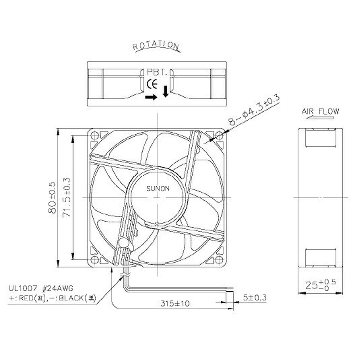 Ventilatore 24 V DC 1,32 W 80 x 80 x 25 mm 69,6 m³/h 3200 U/min 69,6 m³/h Sunon EF80252S11000UA99