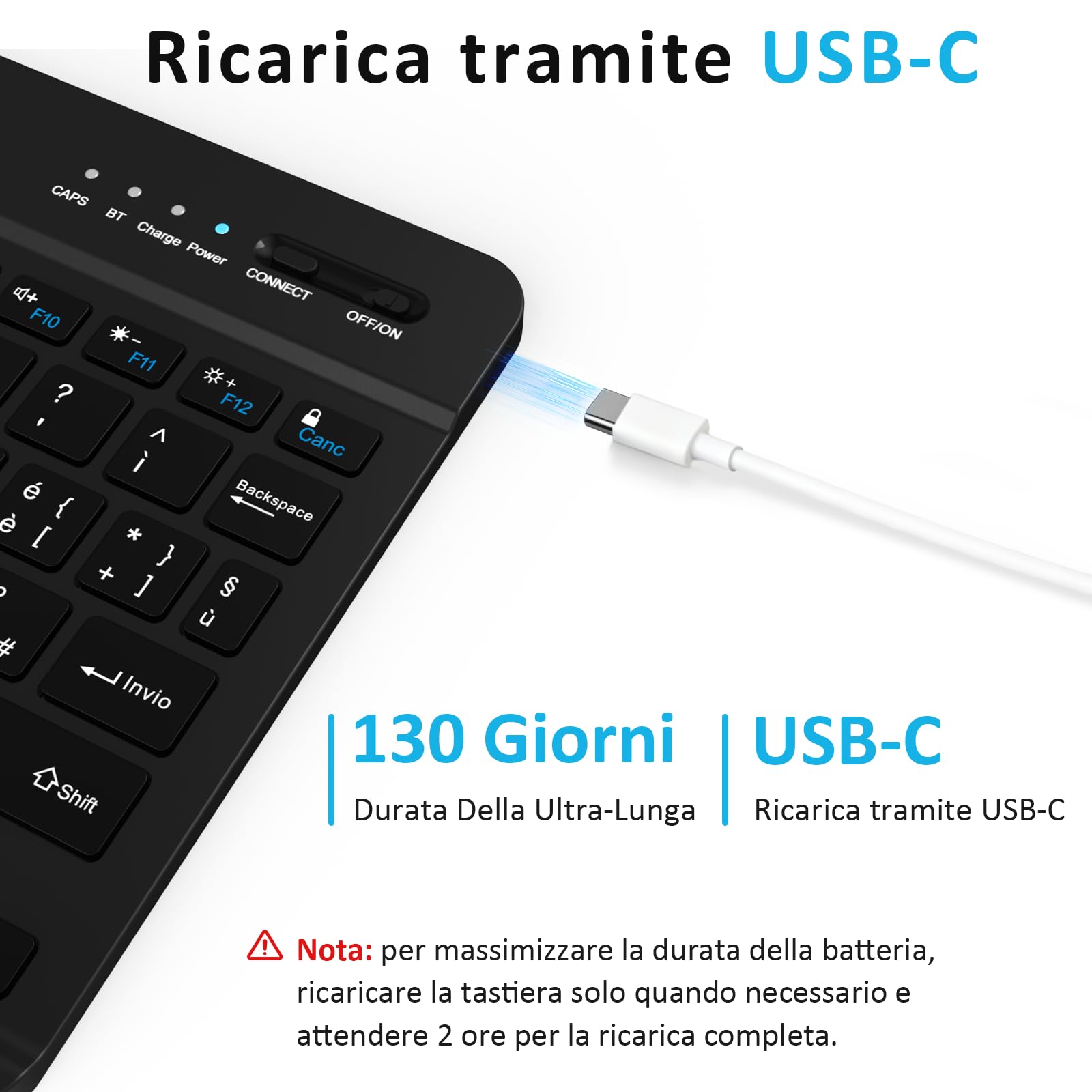 Tastiera Wireless Bluetooth Ricaricabile Ultra Sottile Compatta per Tablet Samsung, iPad, Android, Windows - Layout Italiano