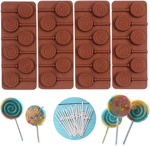 Molde redondo de silicona para piruletas de caramelo duro para decoración de pasteles de chocolate con 24 piezas de palitos reutilizables en forma