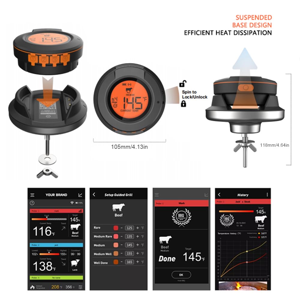Domary Termómetro Inalámbrico para Carne con 4 Sondas, IP64 BT4.2 Termómetro para Asar Horno Ahumador, Control de Aplicación Sonda Extraíble Pescado de Carne Pavo