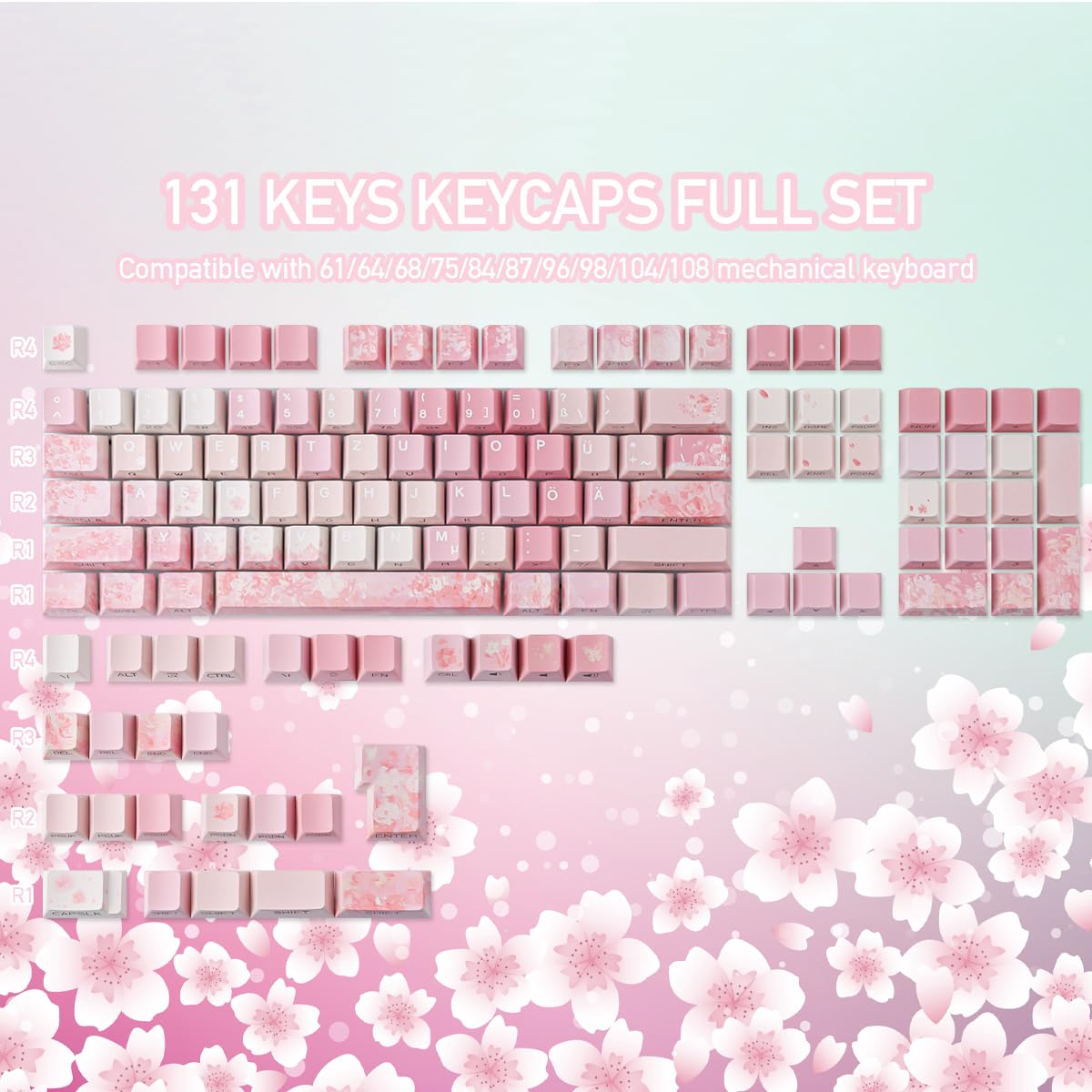 Keycaps Lot de 133 touches en PBT allemands Double Shot Rose Cherry Blossom Dye-Sub Cherry Profile Side Printed Shine Through Keycaps for Cherry MX Switch ISO QWERTZ Layout Clavier mécanique