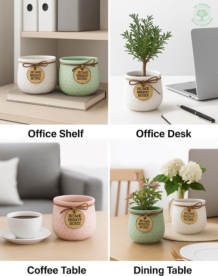 Image of Yo Green Ceramic Plant Pot for Indoor & Outdoor, Modern Planter for Home & Office Decor, Durable, Stylish Finish, Ideal for Tabletop, Shelf, Balcony, Great Gift Idea (Citrus, 4 Inches)