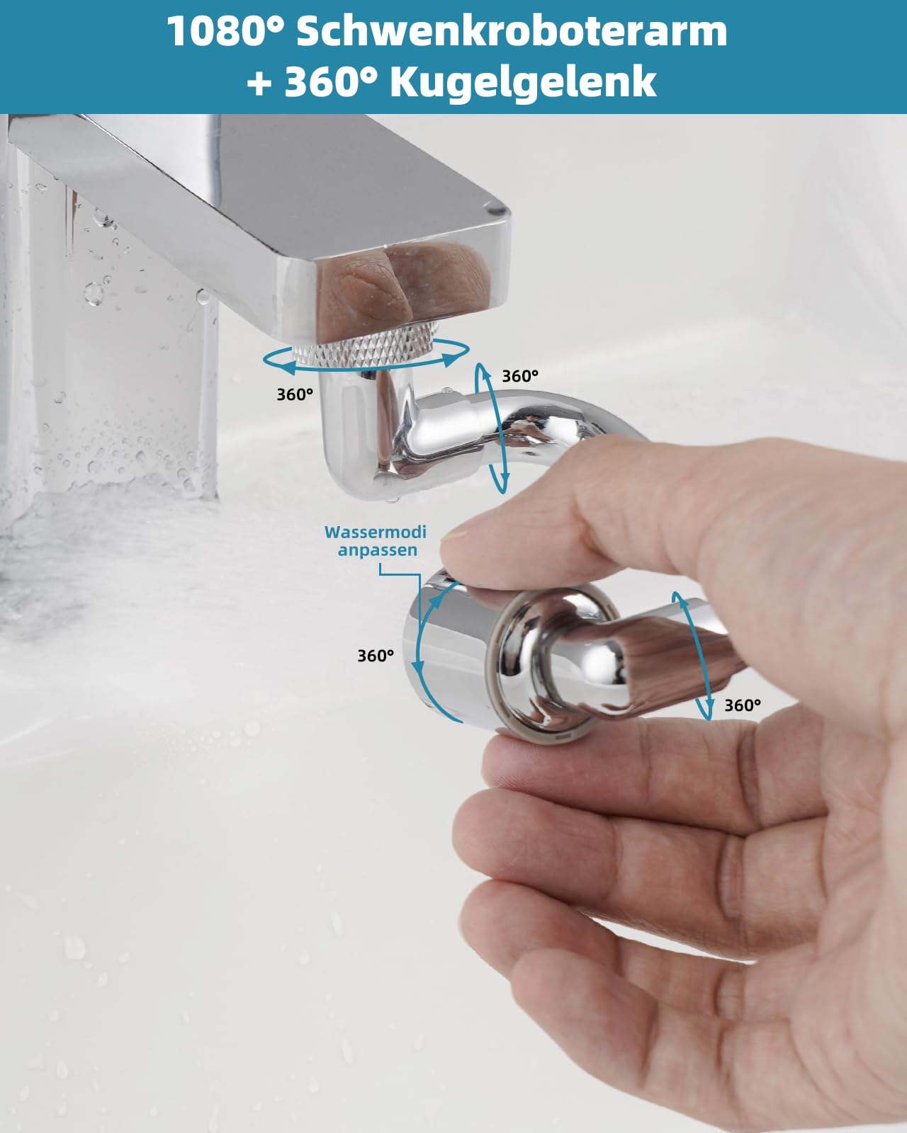 1440 graden draaibare waterkraan, kraan voor keuken en badkamer, scharnier voor verlenging van aanrecht van messing, spatbeschermingsfilter (zilver