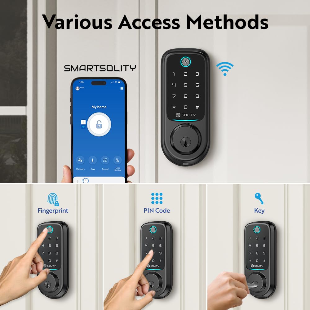 Solity No-Hub Smart Digital Door Lock, 5 in 1 Keyless Entry, Fingerprint, Wi-Fi, Remote Control, Touchscreen Keypad,Auto Lock, IP54 Waterproof (Matt Black, Biometric)