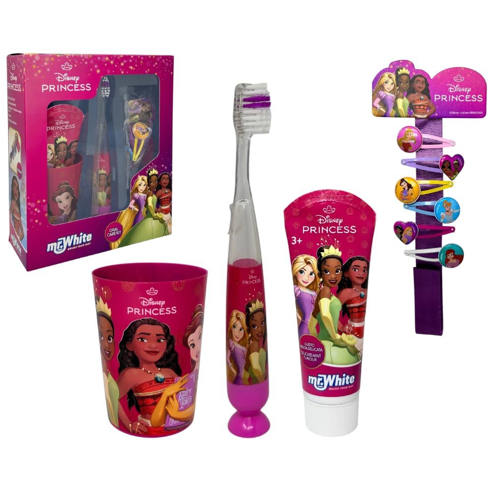 Ensemble d'accessoires de soins d'hygiène bucco-dentaire pour enfants Princesses Disney 4 pièces brosse à dents brillante dentifrice verre pinces à linge