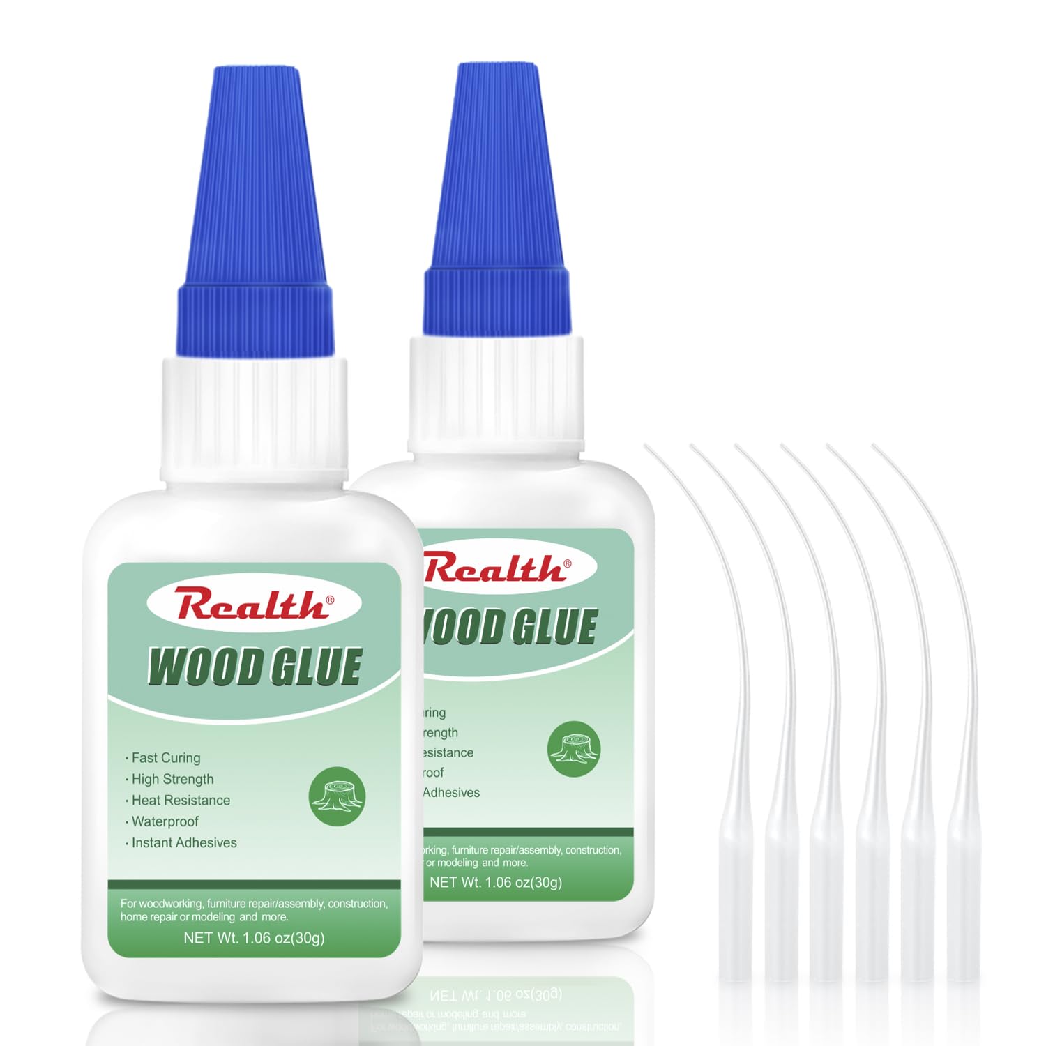 Realth Wood Glue | 60g Fast-Drying Glue | Waterproof & Heat Resistant | 6 Droppers | with Anti-Clog Cap | for Wood Bonding Repair Furniture Plywood MDF Carpentry DIY Kits — image 1