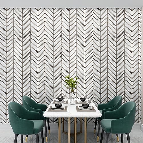 JOLIHOME Grano Marrón Aspecto Geométrico Papel Pintado Blanco Mate Autoadhesivo Papel de Contacto Rayas en Espiga Vinilo Extraíble Pegatinas de Pared para Dormitorio Oficina Decoración 44.5x500cm