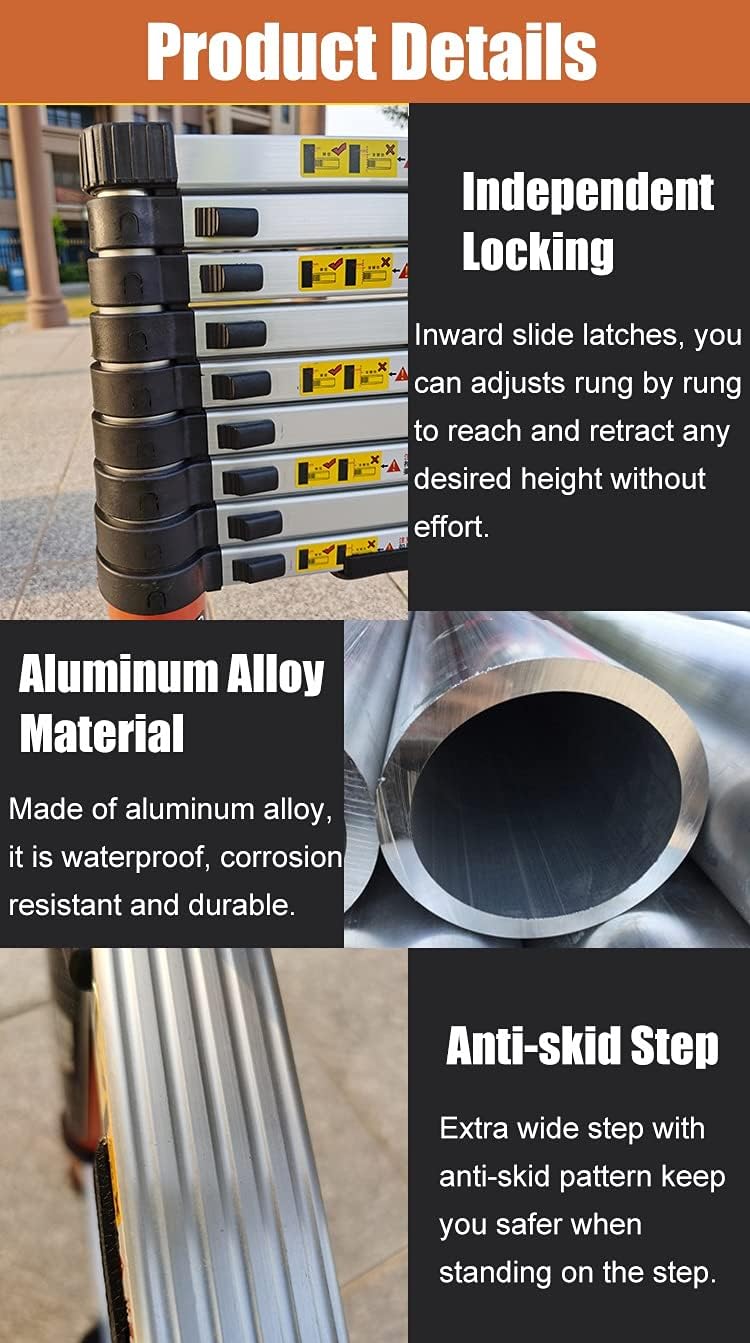 Telescopic Ladder 6.2m 6m 5m 4m 3.8m 3.2m 2.6m 2m, Aluminum Telescoping Extension Ladders for Rooftop RV Attic Home Loft, Load 150kg (Size : 2m/6.5ft)