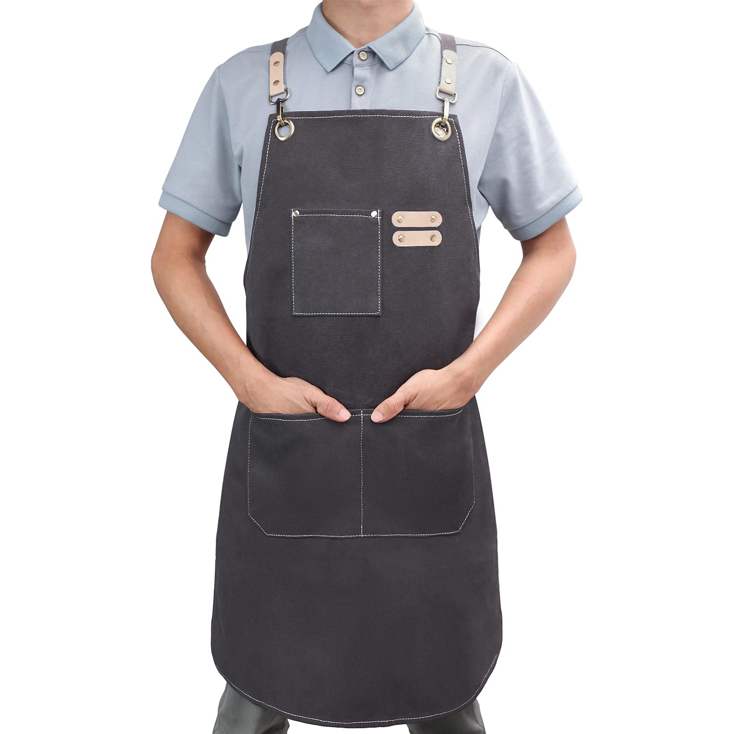 Men's And Women's Chef Back Apron-Cross with Adjustable Straps and Large Pockets, Canvas- Grey