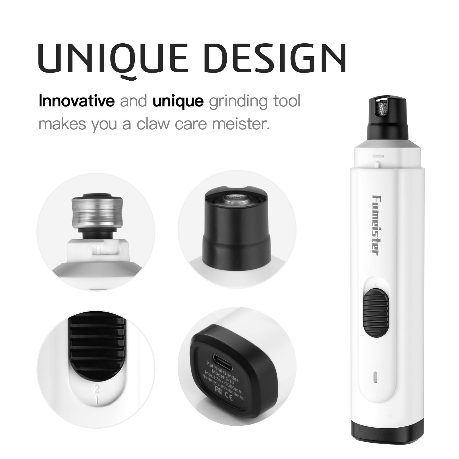 Fumeister Pet Nail Grinder for Dogs, Quiet 2-Speed Rechargeable Dog Nail Trimmer with Type-C Charging - Image 3