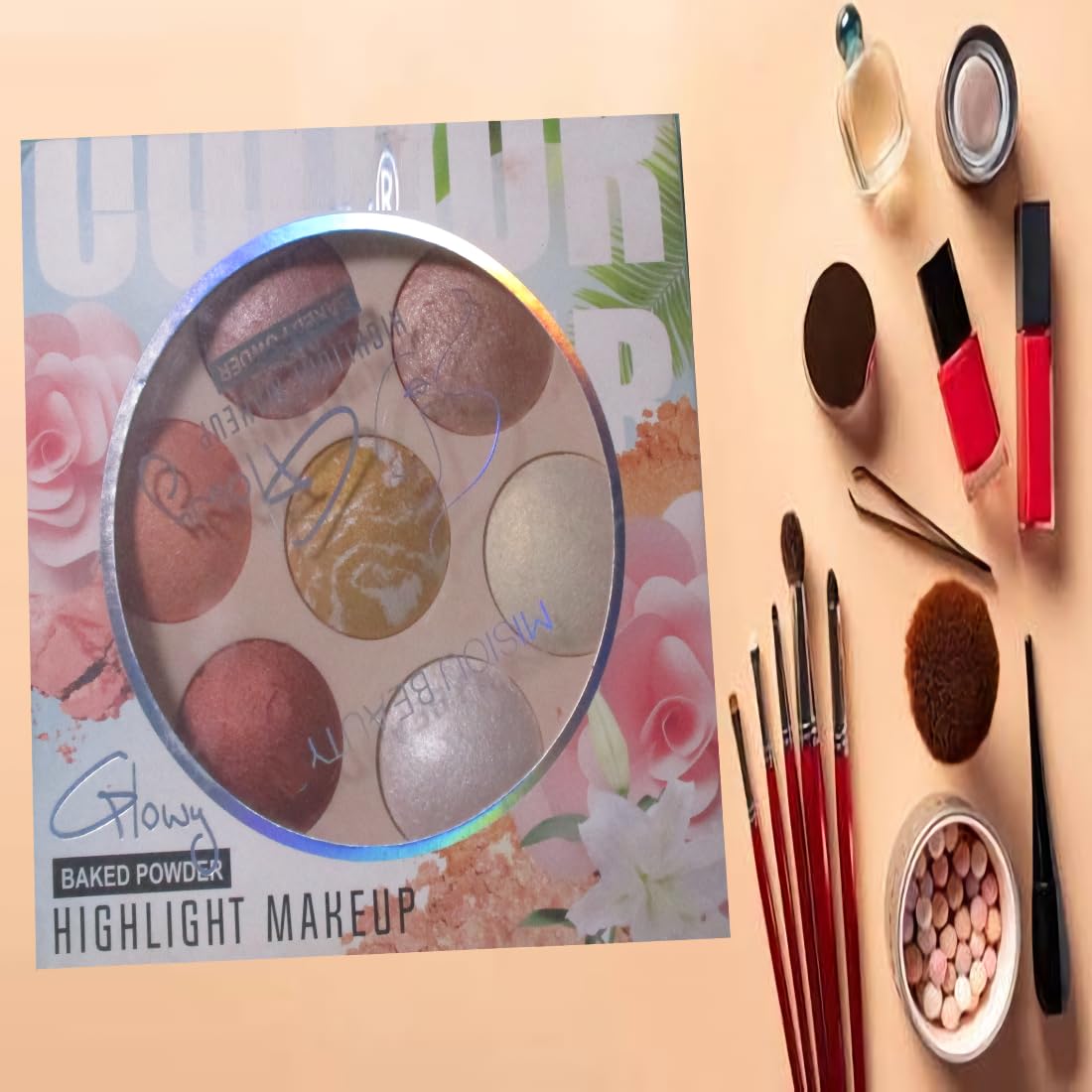 Glowy Baked Powder Highlight Makeup Palette 7 Shades | Matte & Shimmer Finish, Built-in Mirror, Travel-Friendly 16x17cm, Warm & Cool Tones, Blendable Formula-image-20