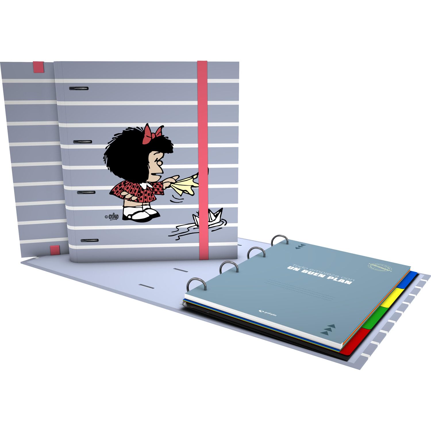 Grafoplas - Ring Binder A4 Mafalda Boat with Refill + dividers + Planner + Stickers + Transparent Envelope, Perfect for Students