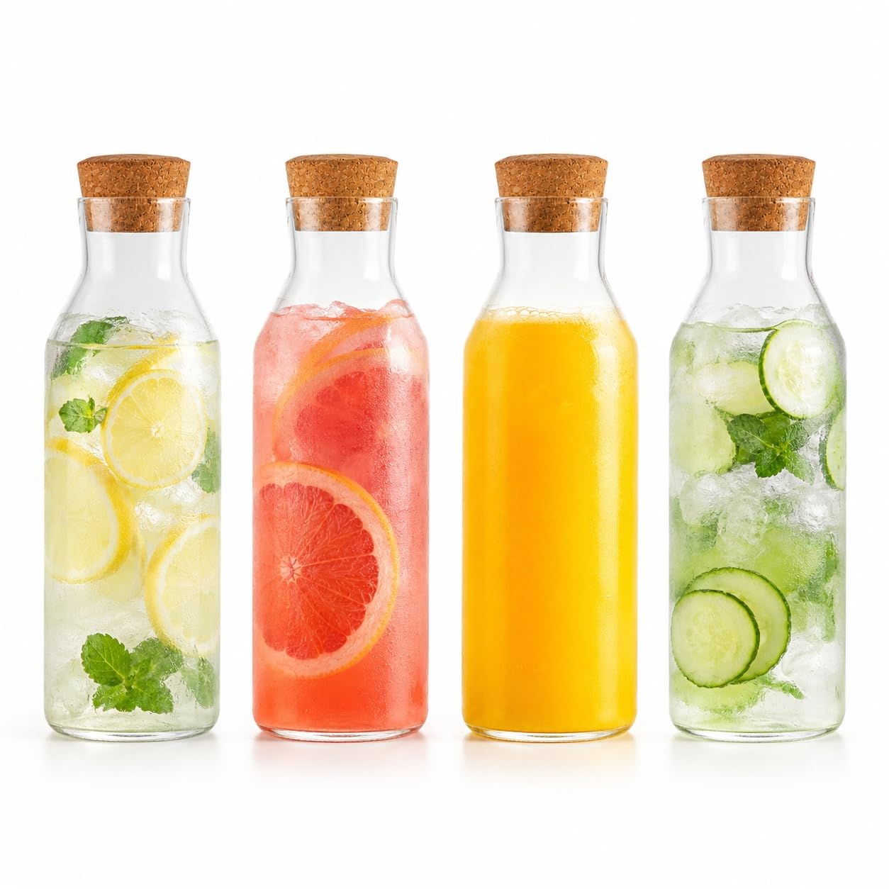 YAYODS Lot de 4 Carafe en Verre avec Bouchon en Liège 1,2L, Pichet en Verre Borosilicate pour Mimosa Bar, Jus, Bouteille d'Eau Élégante pour Réception, Fête, Mariage et Réfrigérateur