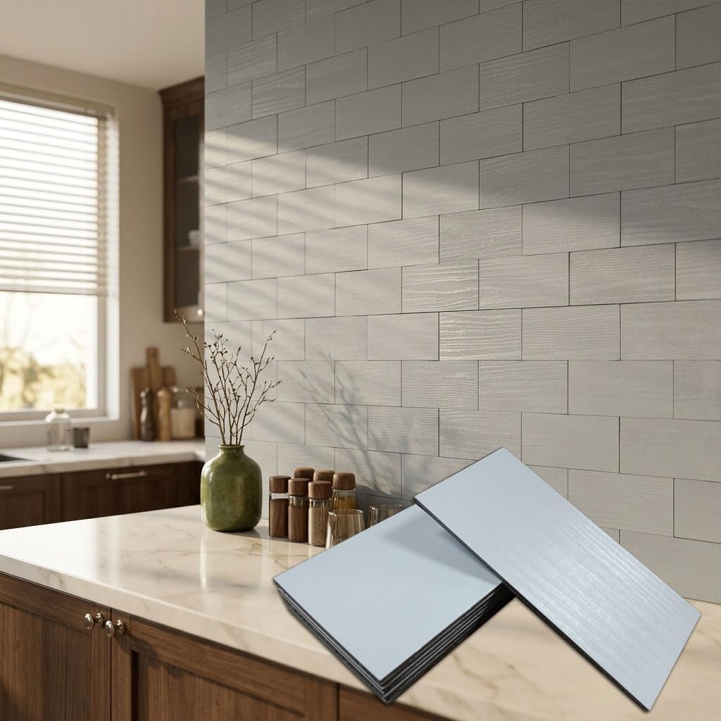 XUANINY 88-Piece Peel and Stick Metal Backsplash Tiles, Self Adhesive Aluminum Mosaic 3D Wall Sticker for Kitchen Subway(3"x6") (Rectangle) (Wooden White, 88)