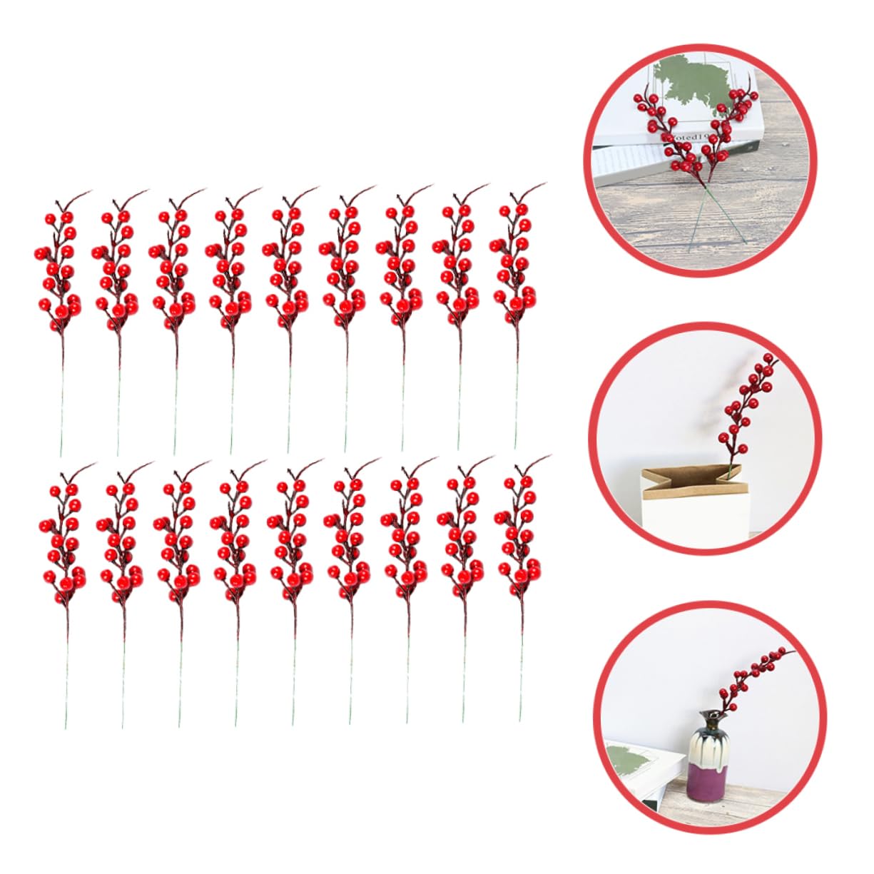 MAGICLULU 20pezzi Rametti Bacche Rosse Artificiali Steli di Bacche Finte per Ghiande Natalizie Decorazioni Fai da Te Materiale Plastico e Naturale