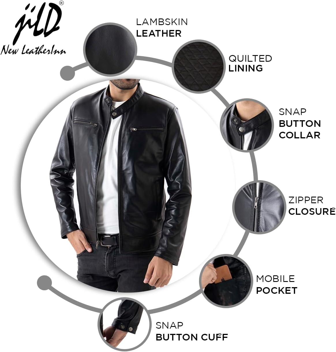 Jild Classical Single Piece Lambskin Leather Jacket Men - Everyday Wear Snap Tab Collar Men’s Motorcycle Leather Jacket - Image 6