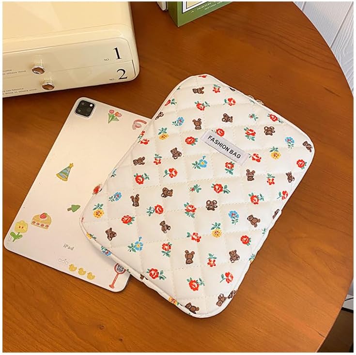 Floral Bear Printed Puffy Laptop Sleeve 13 15 inch Aesthetic Carrying Tablet Case Coquette Pad Bag Cover Cute Liner Pouch Preppy Office Accessories (No Handle,15 inch)