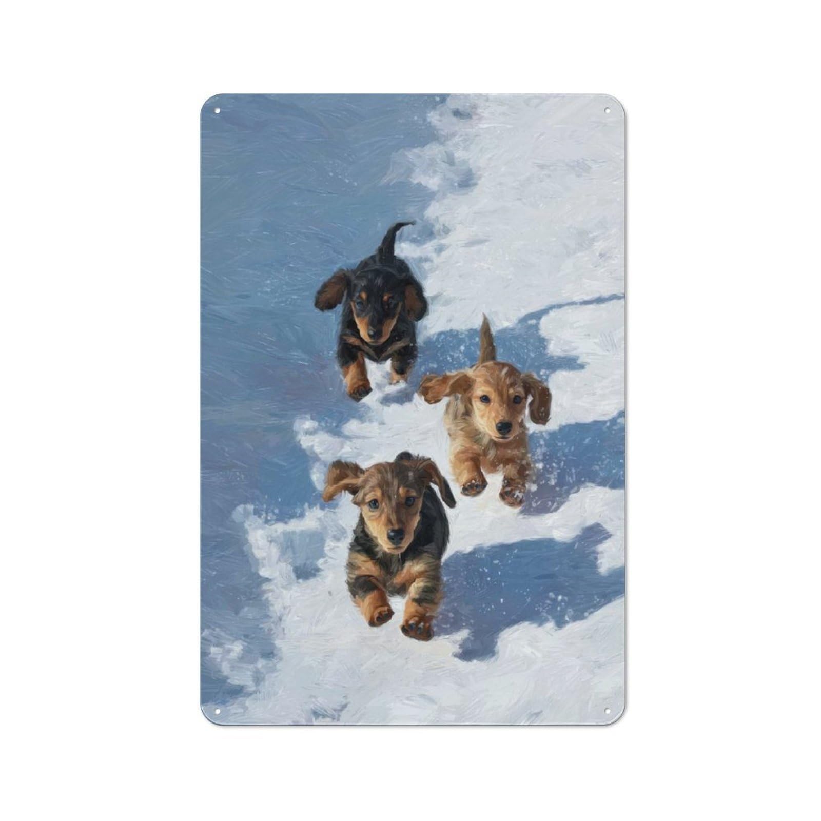 Junmoney Style-8 Dachshund Puppies Running In Snow Nostalgic Metal Wall Decor 30X20cm, Vintage Tin Sign For Living Room, Hallway, Kitchen Or Cafe